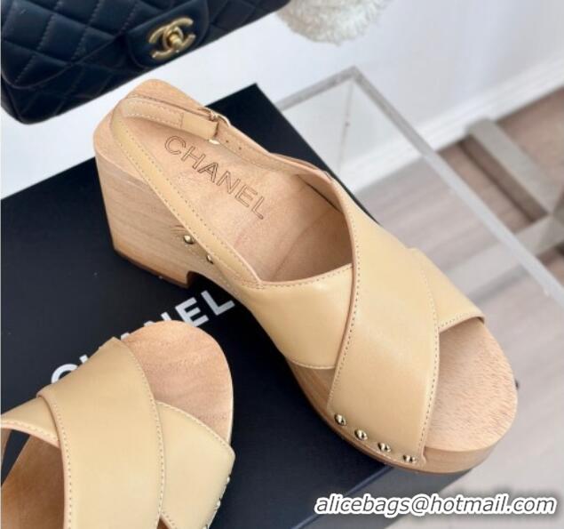 Luxury Chanel Calfskin Wood Platform Sandals Beige 603185