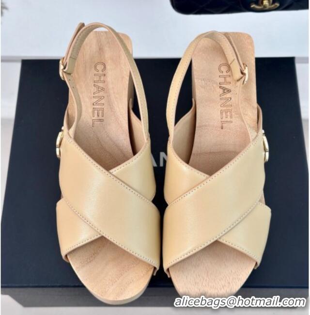 Luxury Chanel Calfskin Wood Platform Sandals Beige 603185