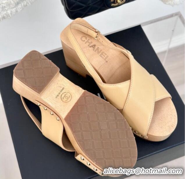 Luxury Chanel Calfskin Wood Platform Sandals Beige 603185