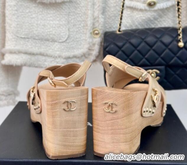 Luxury Chanel Calfskin Wood Platform Sandals Beige 603185