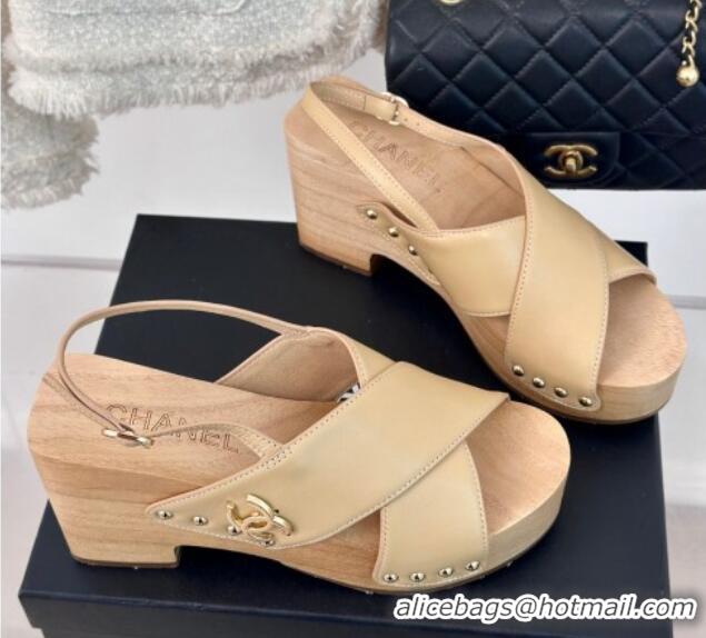 Luxury Chanel Calfskin Wood Platform Sandals Beige 603185