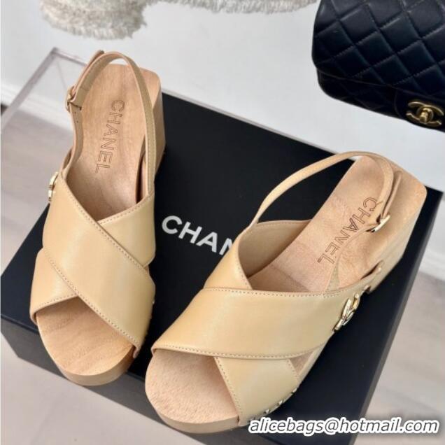 Luxury Chanel Calfskin Wood Platform Sandals Beige 603185