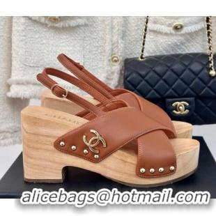 Top Design Chanel Calfskin Wood Platform Sandals Brown 603186