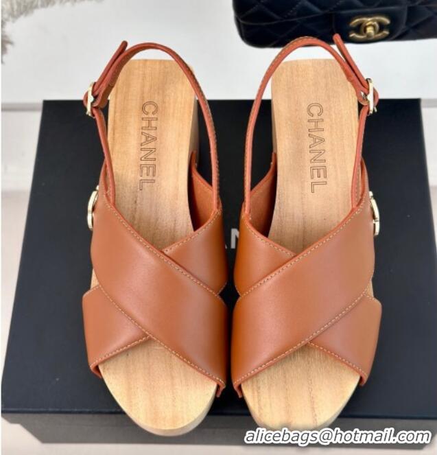 Top Design Chanel Calfskin Wood Platform Sandals Brown 603186