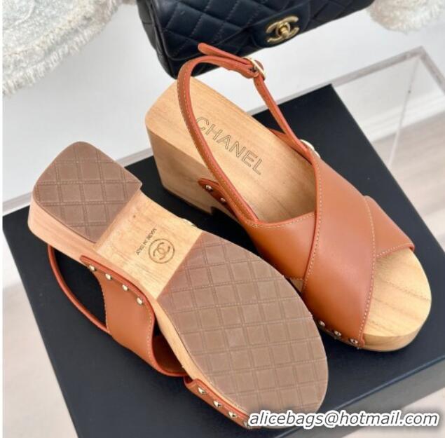 Top Design Chanel Calfskin Wood Platform Sandals Brown 603186