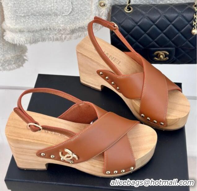 Top Design Chanel Calfskin Wood Platform Sandals Brown 603186