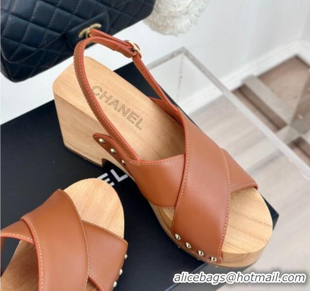 Top Design Chanel Calfskin Wood Platform Sandals Brown 603186