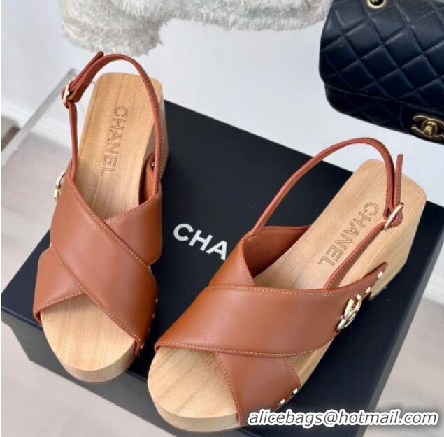 Top Design Chanel Calfskin Wood Platform Sandals Brown 603186