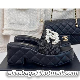 Cheap Price Chanel Crochet Straw & Lambskin Platform Slide Sandals 7cm with Pearls CC Black 603187