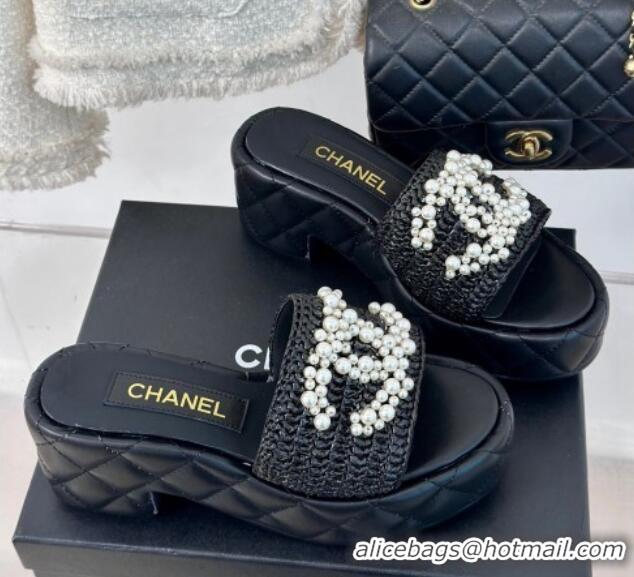 Cheap Price Chanel Crochet Straw & Lambskin Platform Slide Sandals 7cm with Pearls CC Black 603187