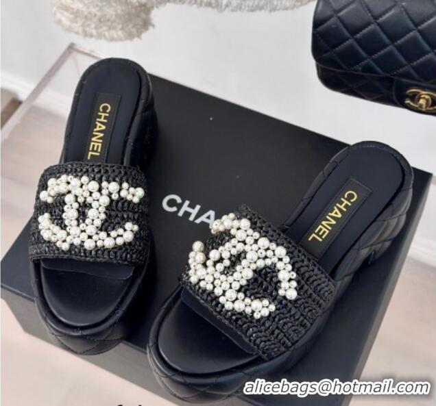 Cheap Price Chanel Crochet Straw & Lambskin Platform Slide Sandals 7cm with Pearls CC Black 603187