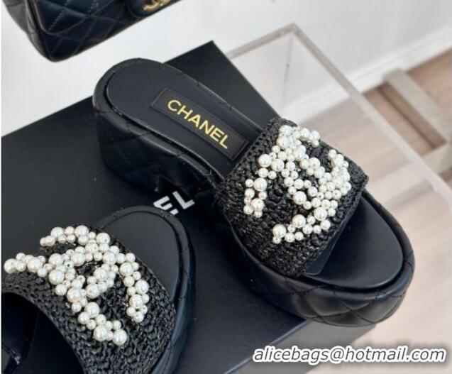 Cheap Price Chanel Crochet Straw & Lambskin Platform Slide Sandals 7cm with Pearls CC Black 603187