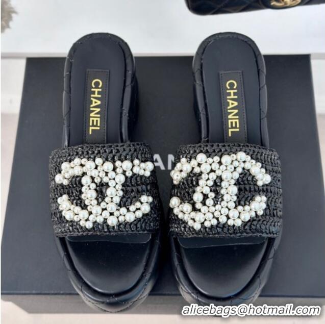 Cheap Price Chanel Crochet Straw & Lambskin Platform Slide Sandals 7cm with Pearls CC Black 603187