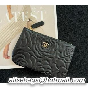 Latest Style Chanel Camellia Calfskin Classic Zipped Case Pouch AS0617 Black/Gold 2024