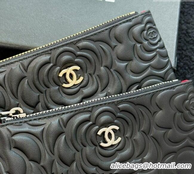 Latest Style Chanel Camellia Calfskin Classic Zipped Case Pouch AS0617 Black/Gold 2024