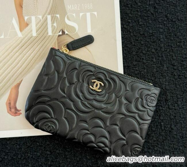 Latest Style Chanel Camellia Calfskin Classic Zipped Case Pouch AS0617 Black/Gold 2024