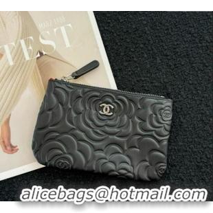 New Cheap Chanel Camellia Calfskin Classic Zipped Case Pouch AS0617 Black/Silver 2024