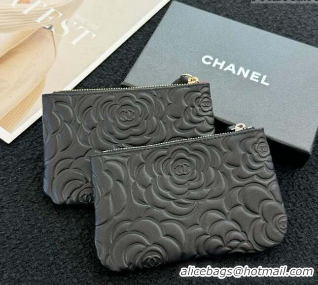 New Cheap Chanel Camellia Calfskin Classic Zipped Case Pouch AS0617 Black/Silver 2024