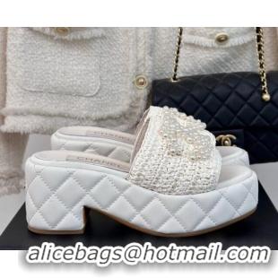 Purchase Chanel Crochet Straw & Lambskin Platform Slide Sandals 7cm with Pearls CC White 603188