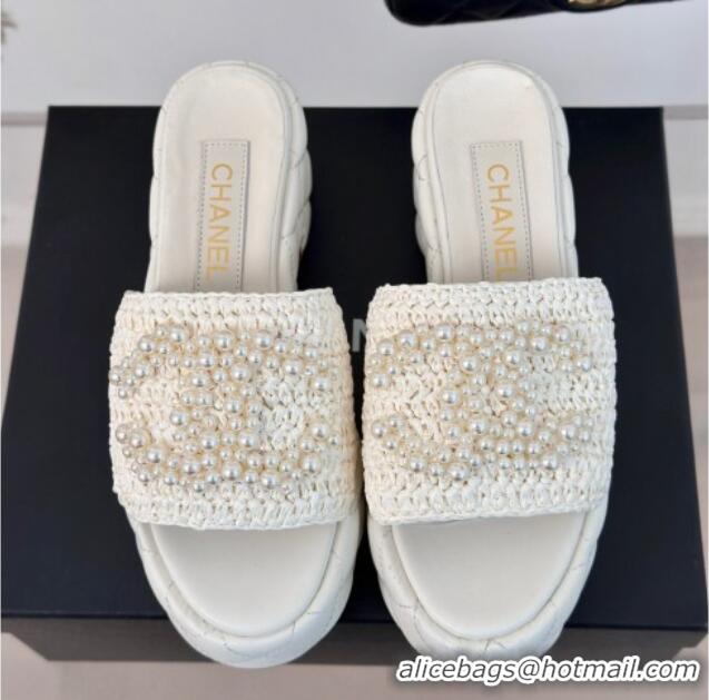 Purchase Chanel Crochet Straw & Lambskin Platform Slide Sandals 7cm with Pearls CC White 603188