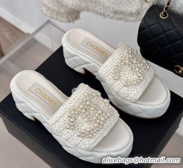 Purchase Chanel Crochet Straw & Lambskin Platform Slide Sandals 7cm with Pearls CC White 603188