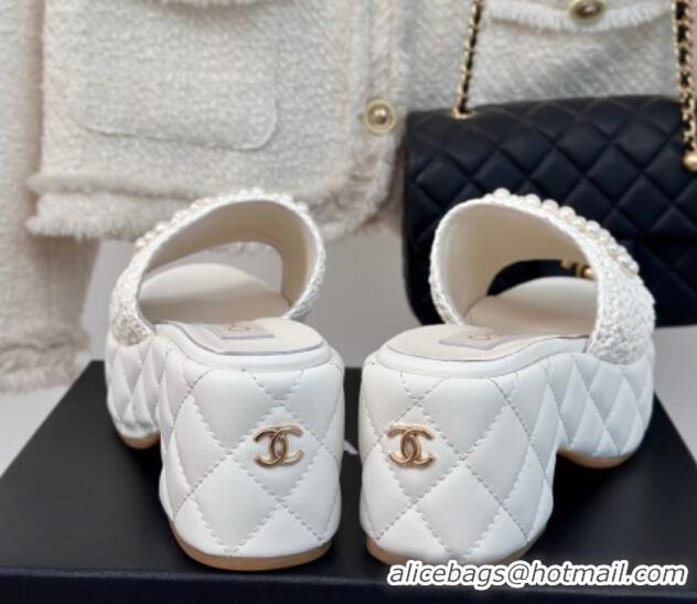 Purchase Chanel Crochet Straw & Lambskin Platform Slide Sandals 7cm with Pearls CC White 603188