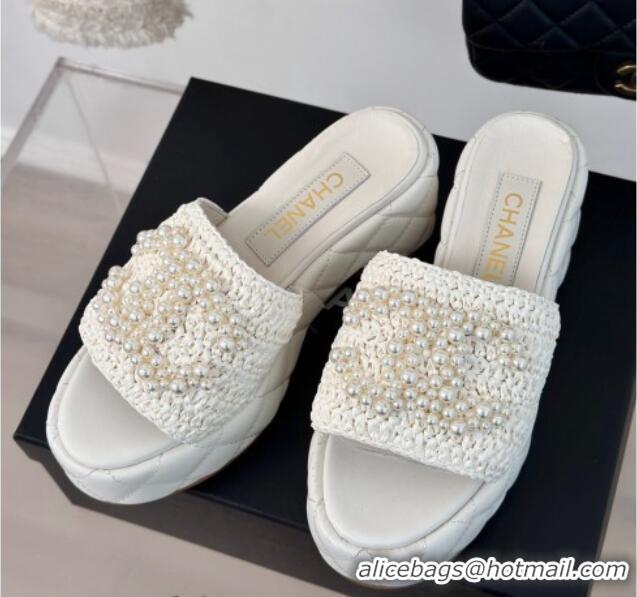 Purchase Chanel Crochet Straw & Lambskin Platform Slide Sandals 7cm with Pearls CC White 603188