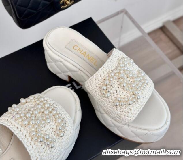 Purchase Chanel Crochet Straw & Lambskin Platform Slide Sandals 7cm with Pearls CC White 603188