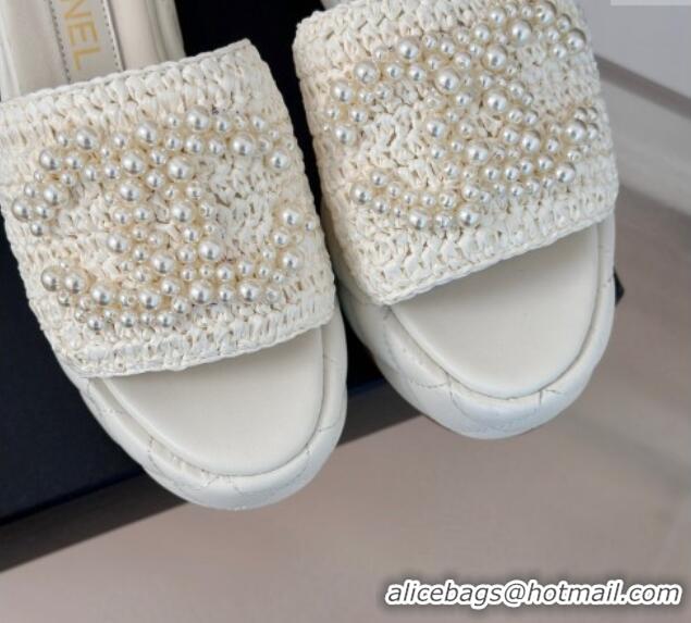 Purchase Chanel Crochet Straw & Lambskin Platform Slide Sandals 7cm with Pearls CC White 603188