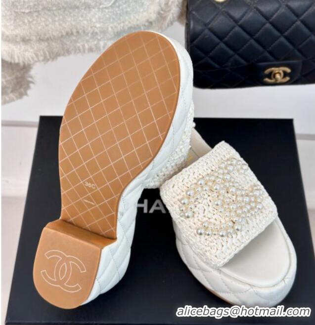 Purchase Chanel Crochet Straw & Lambskin Platform Slide Sandals 7cm with Pearls CC White 603188