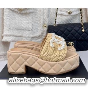 Good Quality Chanel Crochet Straw & Lambskin Platform Slide Sandals 7cm with Pearls CC Beige 603189