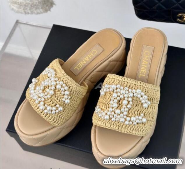 Good Quality Chanel Crochet Straw & Lambskin Platform Slide Sandals 7cm with Pearls CC Beige 603189