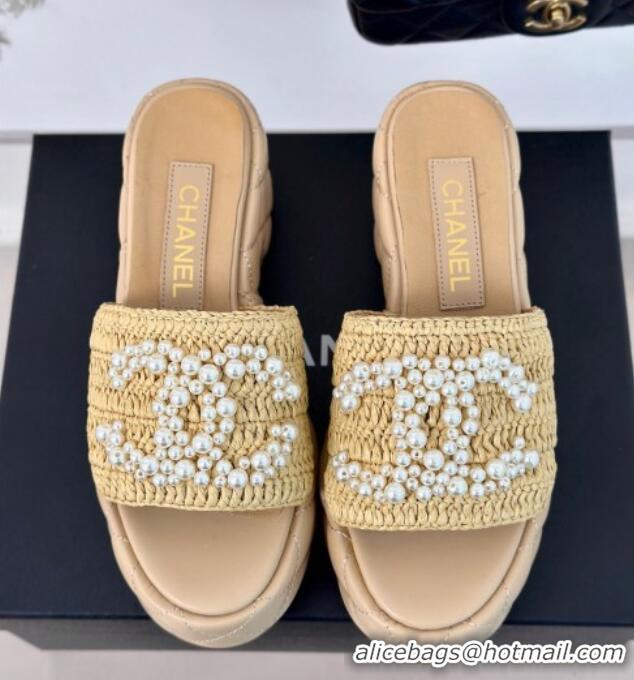 Good Quality Chanel Crochet Straw & Lambskin Platform Slide Sandals 7cm with Pearls CC Beige 603189