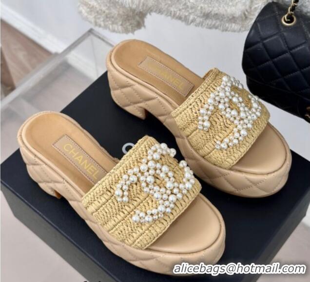 Good Quality Chanel Crochet Straw & Lambskin Platform Slide Sandals 7cm with Pearls CC Beige 603189