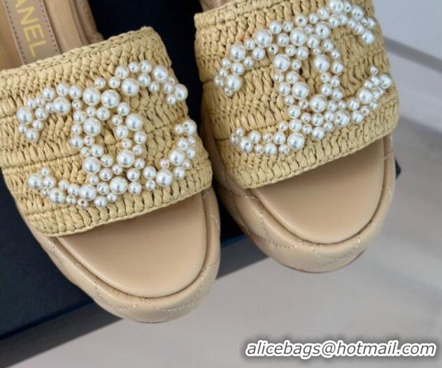 Good Quality Chanel Crochet Straw & Lambskin Platform Slide Sandals 7cm with Pearls CC Beige 603189