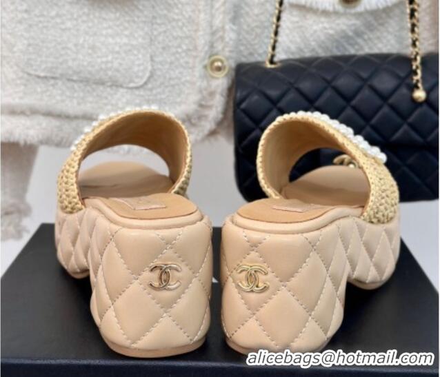 Good Quality Chanel Crochet Straw & Lambskin Platform Slide Sandals 7cm with Pearls CC Beige 603189