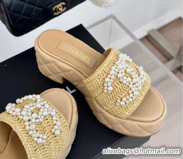 Good Quality Chanel Crochet Straw & Lambskin Platform Slide Sandals 7cm with Pearls CC Beige 603189