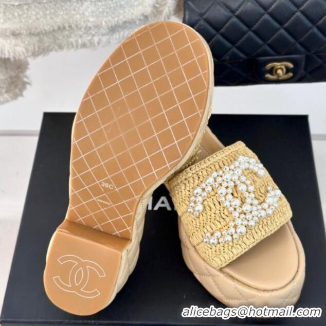 Good Quality Chanel Crochet Straw & Lambskin Platform Slide Sandals 7cm with Pearls CC Beige 603189