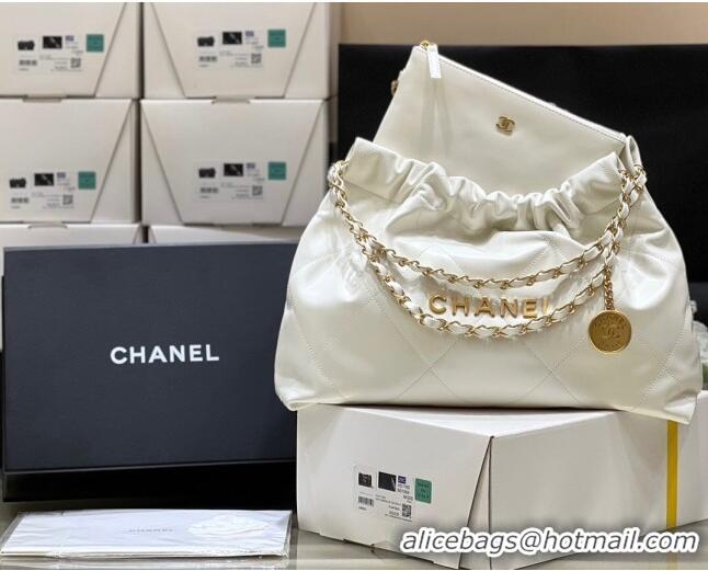 Famous Brand Chanel Shiny Calfskin 22 East West Shopping Bag AS4486 White/Gold 2024 Top Quality