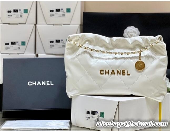 Famous Brand Chanel Shiny Calfskin 22 East West Shopping Bag AS4486 White/Gold 2024 Top Quality