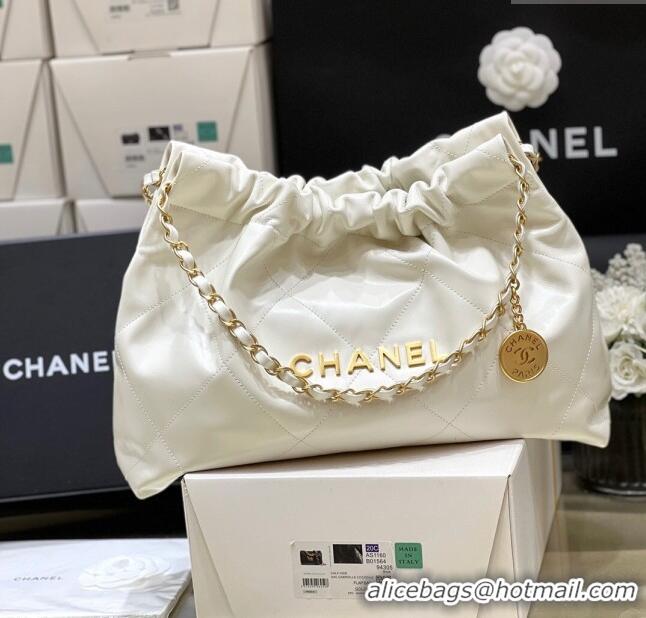 Famous Brand Chanel Shiny Calfskin 22 East West Shopping Bag AS4486 White/Gold 2024 Top Quality