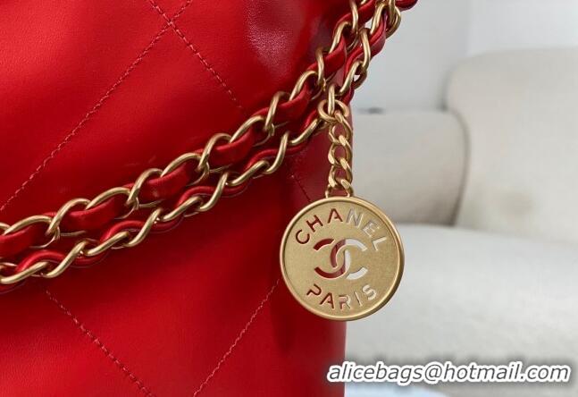 Shop Grade Chanel 22 Shiny Calfskin Patchwork Shopping Bag AS3261 Red 2024