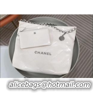 Reasonable Price Chanel 22 Shiny Calfskin Leather Shopping Bag AS3261 White/Aged Silver 2024