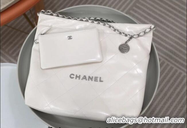 Reasonable Price Chanel 22 Shiny Calfskin Leather Shopping Bag AS3261 White/Aged Silver 2024