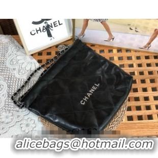 Custom Chanel 22 Shiny Calfskin Leather Small Shopping Bag AS3260 Black/Aged Silver 2024