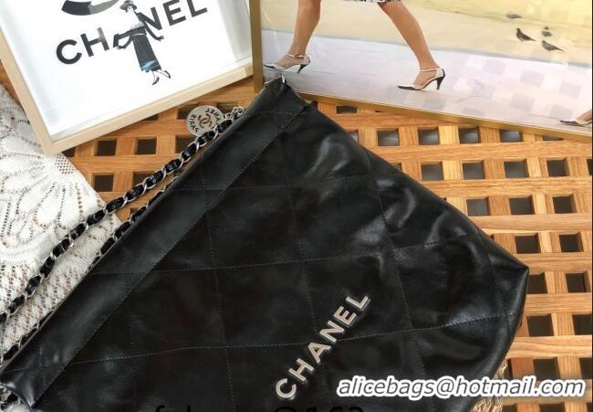 Custom Chanel 22 Shiny Calfskin Leather Small Shopping Bag AS3260 Black/Aged Silver 2024