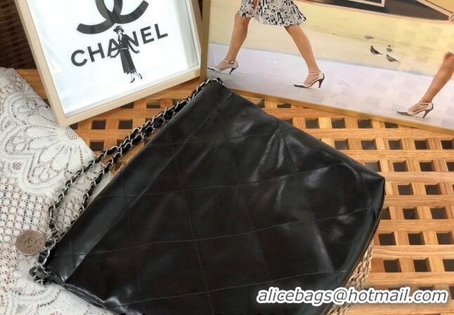 Custom Chanel 22 Shiny Calfskin Leather Small Shopping Bag AS3260 Black/Aged Silver 2024