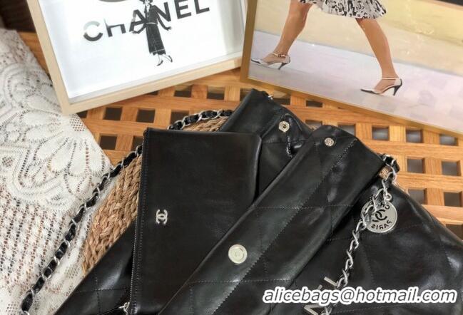 Custom Chanel 22 Shiny Calfskin Leather Small Shopping Bag AS3260 Black/Aged Silver 2024