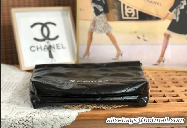 Custom Chanel 22 Shiny Calfskin Leather Small Shopping Bag AS3260 Black/Aged Silver 2024