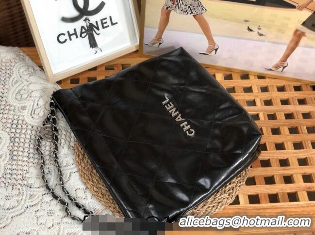 Custom Chanel 22 Shiny Calfskin Leather Small Shopping Bag AS3260 Black/Aged Silver 2024